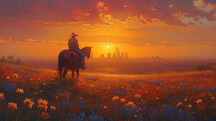 Fototapeta premium A canvas merges urban skyscrapers and Texan prairie life, symbolizing the meeting of city and country. 