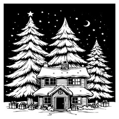 Obraz premium Merry Christmas card design. Black and white drawing. Generated by Ai
