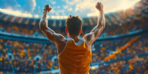 Fototapeta na wymiar sportsman olympic celebrating victory, with his back turned, blurred stadium background