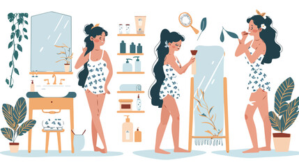 Skin care routine. Illustration set with girl making - obrazy, fototapety, plakaty