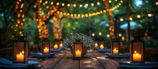 A festive wooden table, adorned with crisp linens, gleams under the soft glow of lanterns and twinkling fairy lights. 