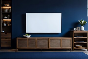  Dark blue wall in night time have tv on wood cabinet in living room with sofa 