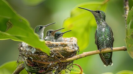 Naklejka premium Hummingbird family at nest in lush green foliage
