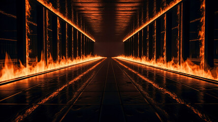 a fiery corridor with flames along the floor and walls, leading to a bright exit