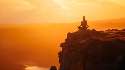 A person in silhouette meditating on a cliff at sunrise, overlooking a body of water