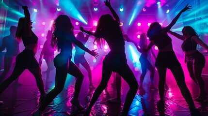 A group of partygoers dancing on a stage with neon lights and glowing decorations in the...