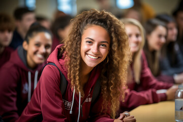 girl with curly hair is smiling and wearing a red hoodie. She is surrounded by other people, some of whom are also smiling. Scene is happy and friendly