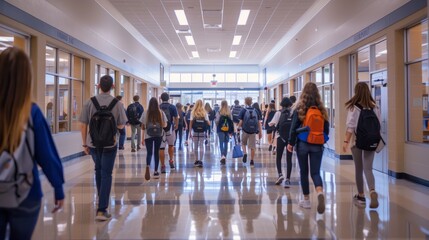 A wide-angle shot of a bustling high school corridor filled with students walking to and from classes