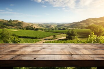Wooden table in front of vineyards in Tuscany, Italy