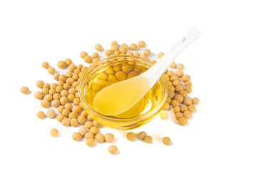 soybeans ande soybean oil in glass bowl isolated on white background.