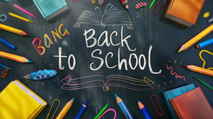  Text "Back to school" lettering with books and pencils over chalkboard background. 