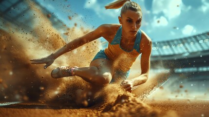 Action shot of a woman athlete at peak long jump, sand spraying as she lands in the pit, showcasing agility and power