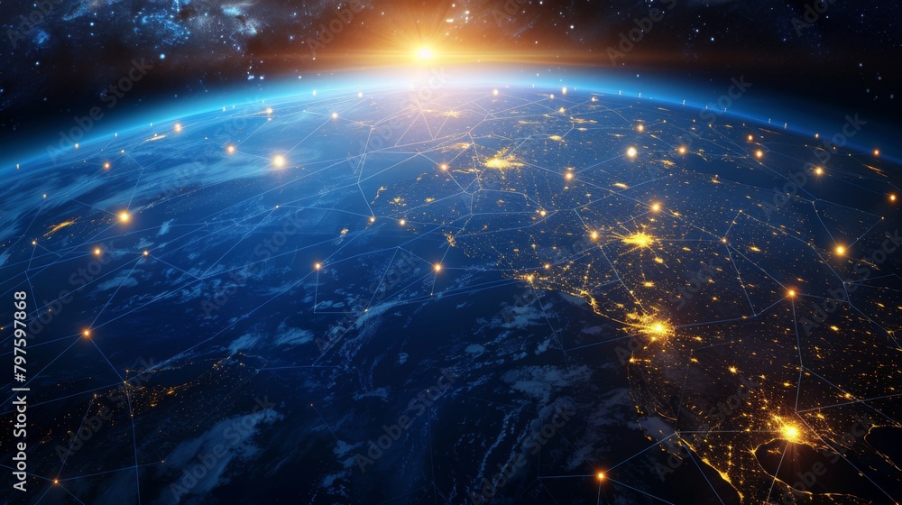 Poster abstract global network concept with world map and glowing connections