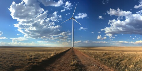 Une éolienne se dressant au milieu d'un champ, dans un ciel bleu parsemé de nuages blancs. Production d'énergie verte, développement durable.
