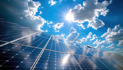 Des panneaux solaires photovoltaïque sous un ciel bleu avec des rayons de soleil et des nuages.