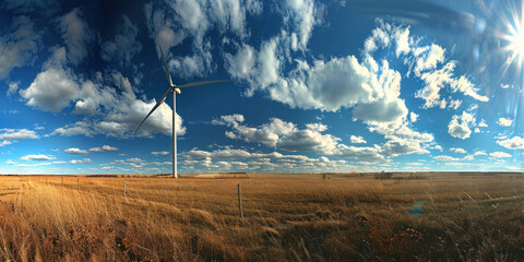 Une éolienne se dressant au milieu d'un champ, dans un ciel bleu parsemé de nuages blancs. Production d'énergie verte, développement durable.