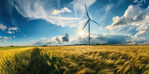Une éolienne se dressant au milieu d'un champ de blé, dans un ciel bleu parsemé de nuages blancs. Production d'énergie verte, développement durable.