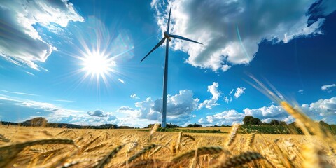 Une éolienne se dressant au milieu d'un champ de blé, dans un ciel bleu parsemé de nuages blancs. Production d'énergie verte, développement durable.