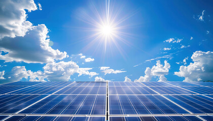 Des panneaux solaires photovoltaïque sous un ciel bleu avec des rayons de soleil et des nuages.