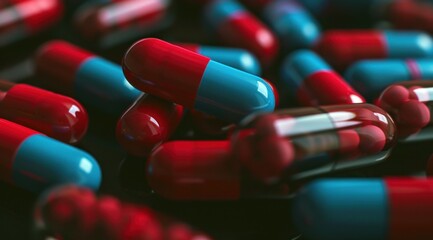Médicaments de couleur rouge et bleu sur fond sombre.