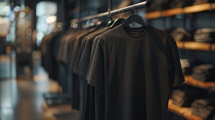 Naklejka premium A black tshirt is hanging on a rack
