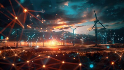 Des éoliennes numériques avec des connexions lumineuses, illustrant le pouvoir de la technologie dans la transition énergétique future et la motivation pour les objectifs de développement durable.