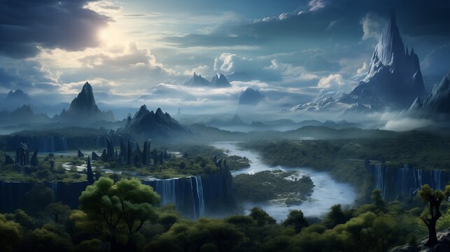 An otherworldly landscape sculpted in 3D, featuring towering mountains, cascading waterfalls, and lush forests under a surreal sky filled with celestial bodies.