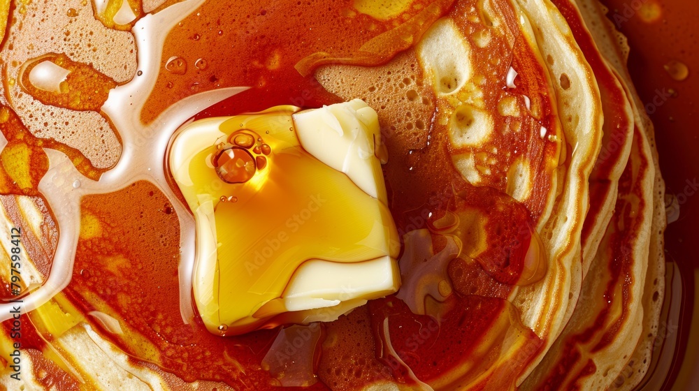 Poster stack of fluffy pancakes, drizzled with maple syrup and topped with a pat of butter.