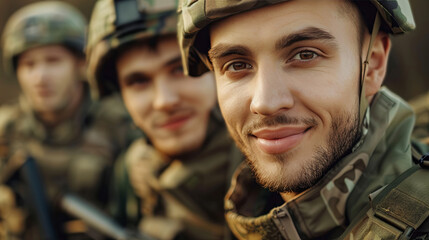 Smiling young soldier with comrades in military uniforms