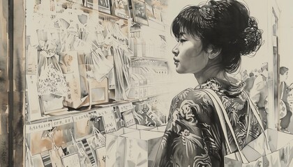Bring to life the excitement of a shopping spree with a detailed pen and ink illustration of an Asian woman surrounded by shopping bags, gazing at a dazzling display in a boutique window