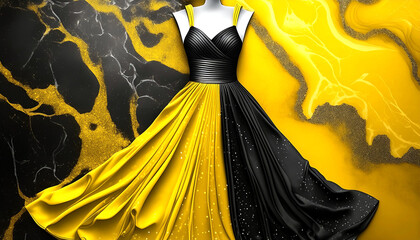 Long luxurious yellow and black dress on showroom display in front of an exquisite marble backdrop. Glamorous and creative fashion design.