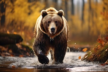 Obraz premium Brown bear in the autumn forest. Dangerous animal in nature. Wildlife scene