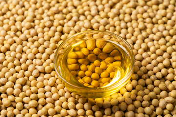 soybean oil in glass bowl on soybeans background.