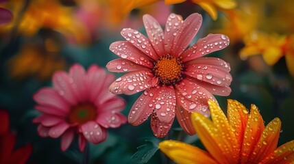 close-up of a flower with pink-red, yellow  petals wet from drops of water.