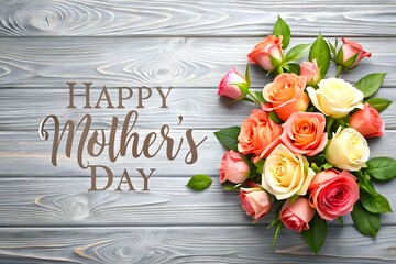 Happy Mother's Day greeting on wooden background with a bouquet of roses