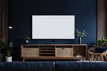  Dark blue wall in night time have tv on wood cabinet in living room with sofa 