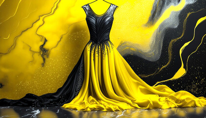 This beautiful long yellow and black dress will make any model stand out at the next big fashion show. Dress on showroom display in front of elegant yellow and black marble background.