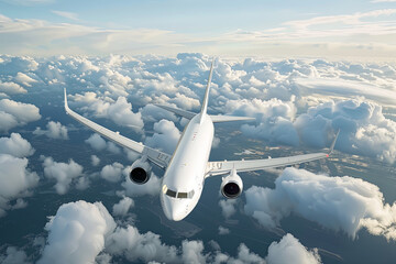 White passenger airplane flying in the sky amazing clouds in the background