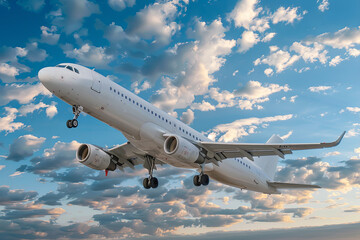 Obraz premium White passenger airplane flying in the sky amazing clouds in the background