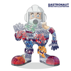 Astronaut on the background of space and spaceships. Double exposure. Isolated on white background. Vector illustration.