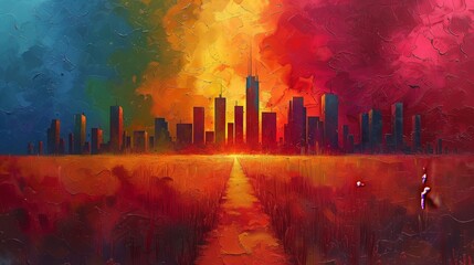 Bold colors depict a surreal world of city skyscrapers amidst the vast Texas prairie, a visual paradox. 