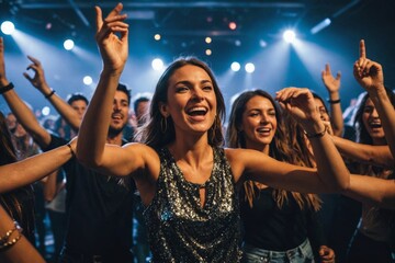 Milennials dancing and partying, enjoying music concert at nightclub