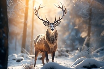 Majestic red deer stag in snowy forest during rutting season