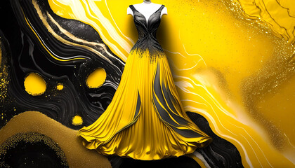 Yellow and black sensual evening gown. Generative AI.