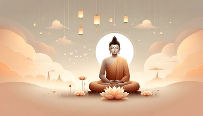 Illustration of buddha seated in meditation for buddha purnima celebration.