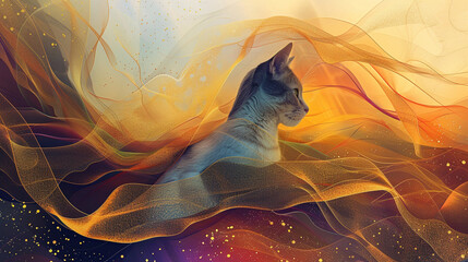 Cat portrayed as a serene, ethereal being in a landscape of gold stars and a gradient.