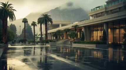 a picture museum mountainside palm trees sun showers springs hotel raining pouring, AI Generative
