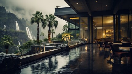 a illustration museum mountainside palm trees sun showers springs hotel raining pouring, AI Generative