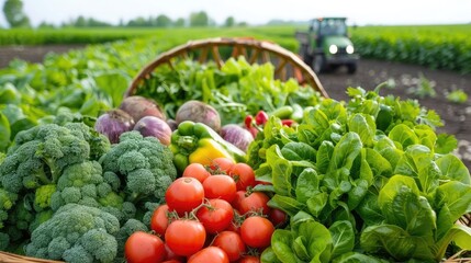 fresh green and mix colored vegetables in big basken in feld green plants wiht agricultural vehicle...