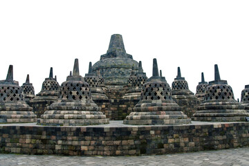 Borobudur Temple. The top terrace with the perforated stupas. Central Java, Indonesia. Transparent...